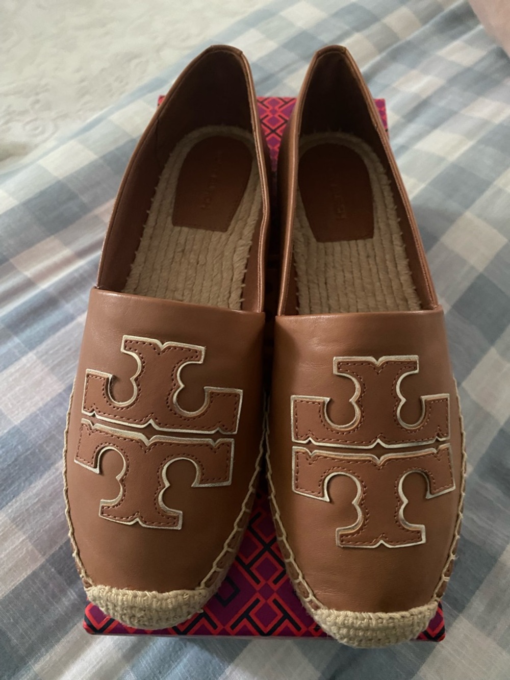 Tory Burch Tan Leather Logo Espadrille Flats